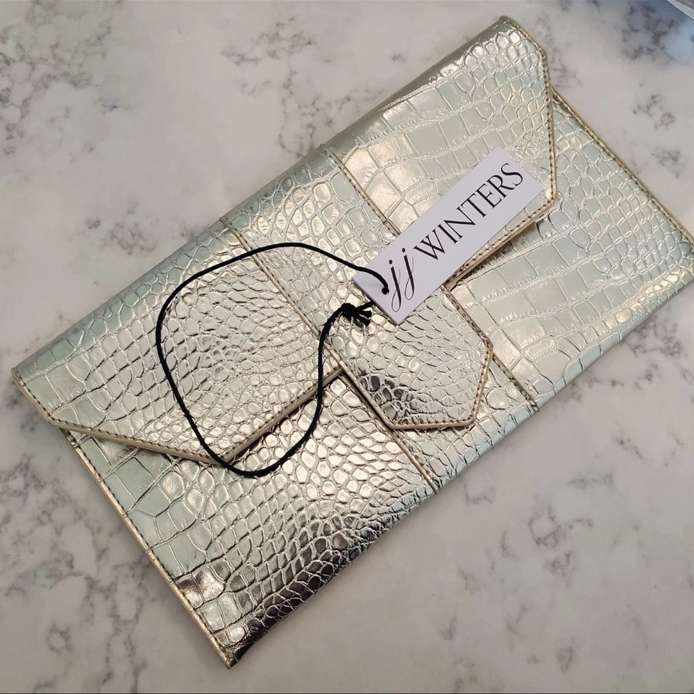 JJ Winters Metallic Gold Croc-Embossed Clutch